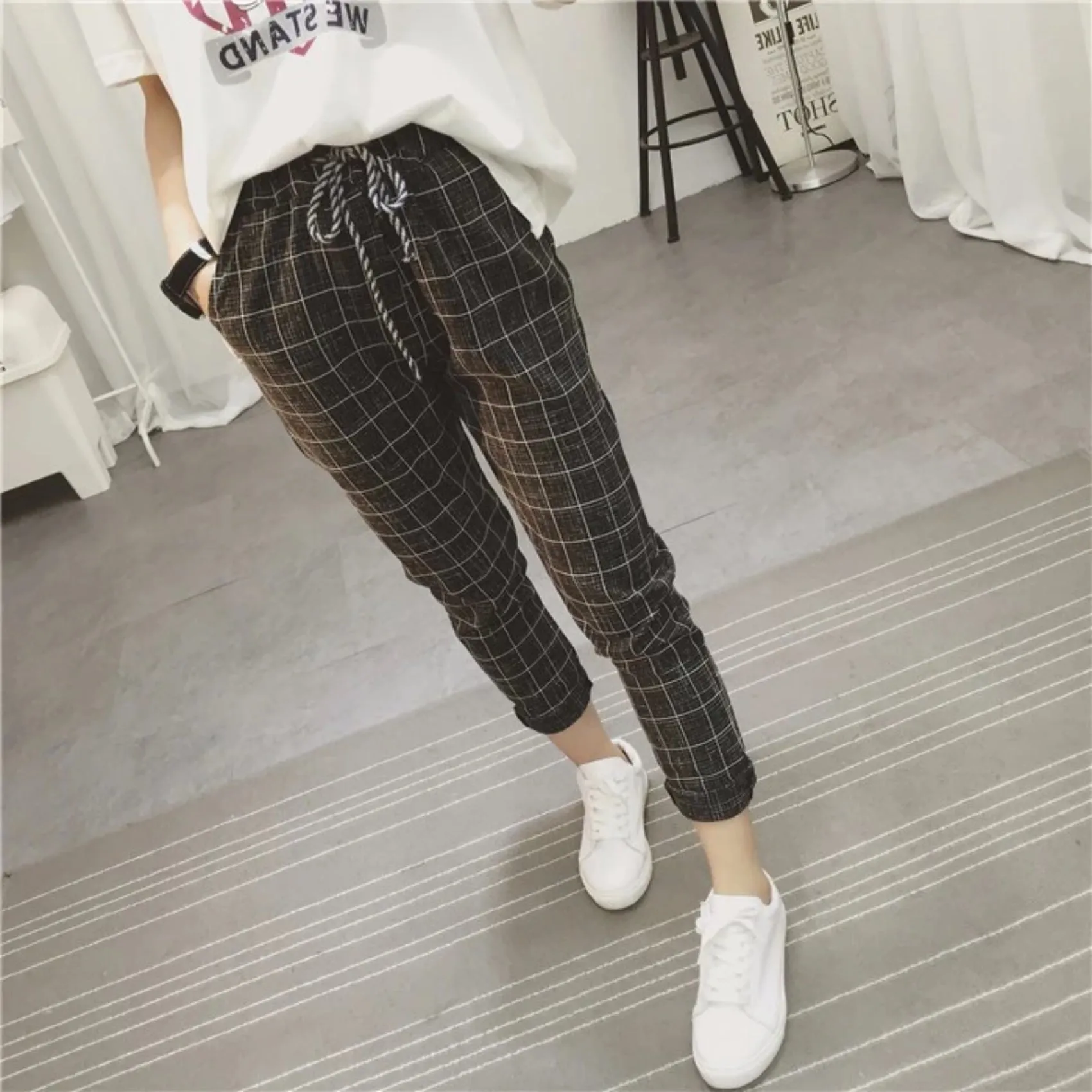 Women's Summer/Spring Casual Loose Cotton Plaid Pants