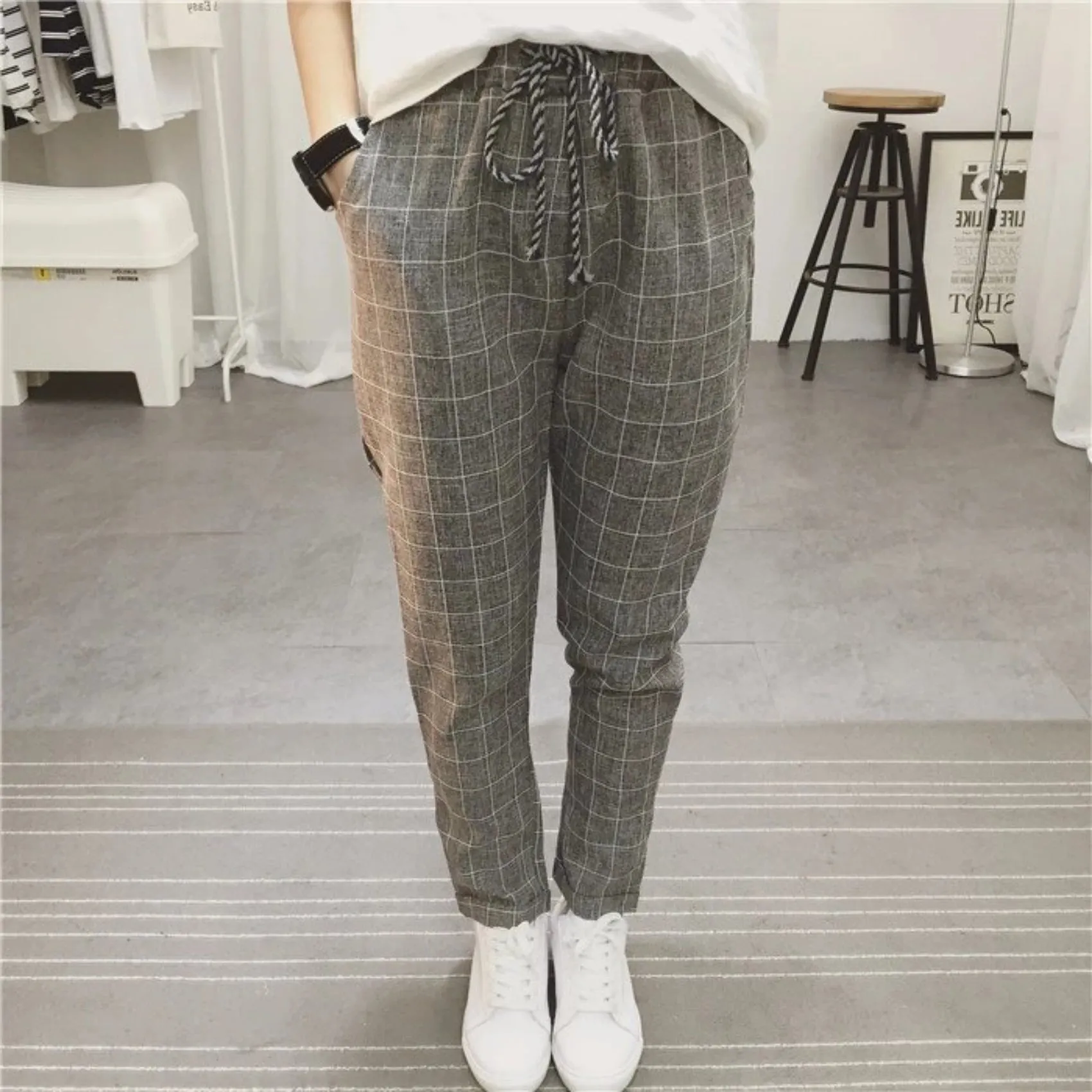Women's Summer/Spring Casual Loose Cotton Plaid Pants