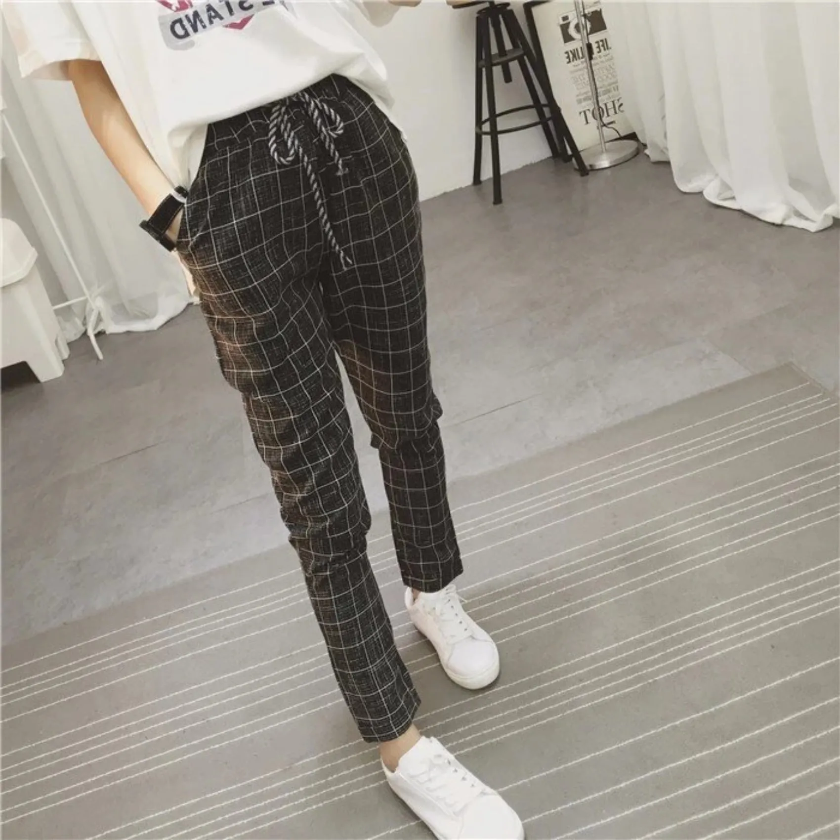 Women's Summer/Spring Casual Loose Cotton Plaid Pants