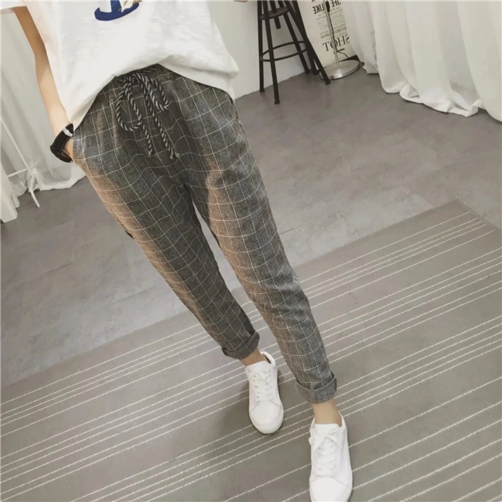 Women's Summer/Spring Casual Loose Cotton Plaid Pants