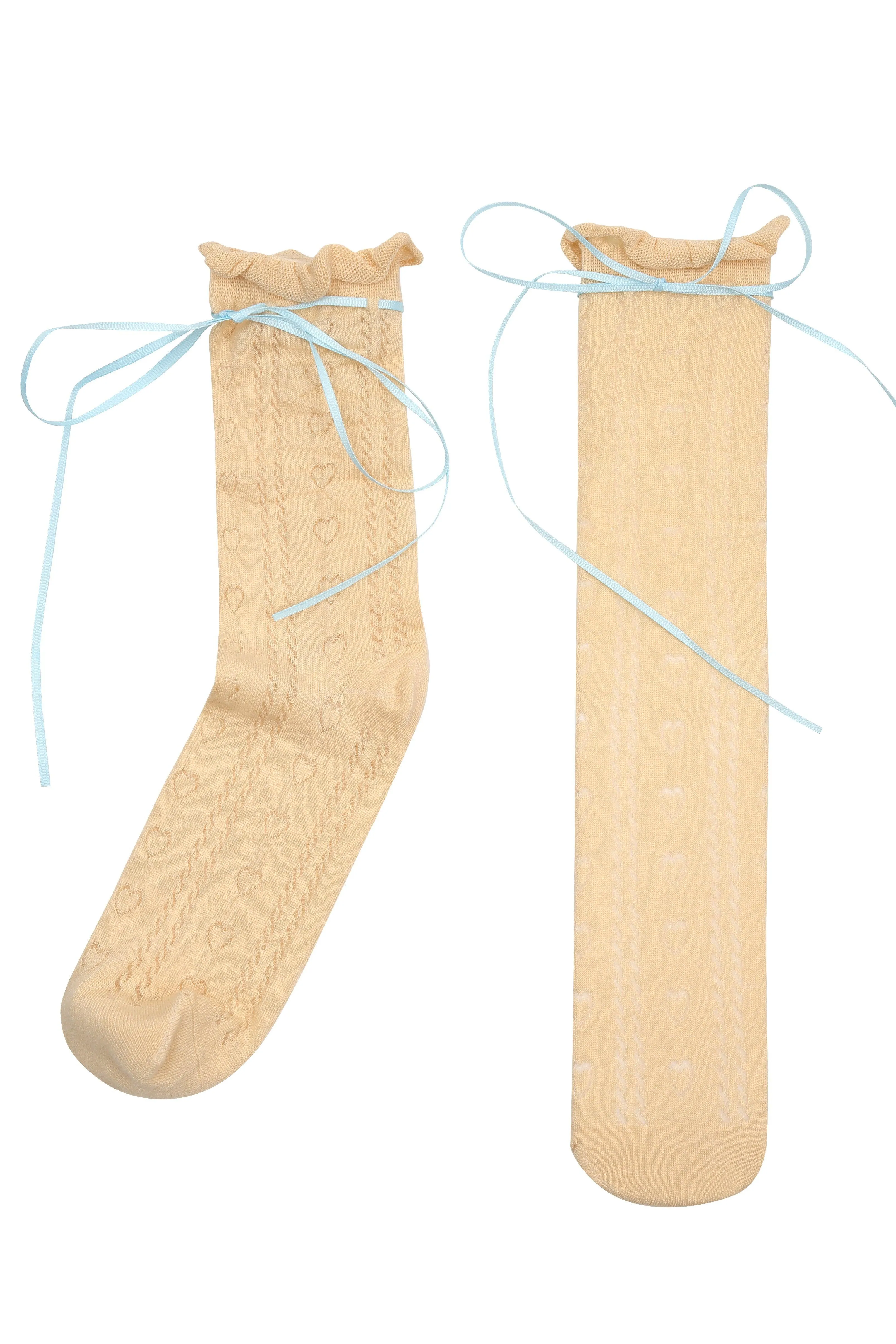 Yellow Heart Pattern Blue Tie Ballet Stretch Socks