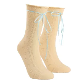 Yellow Heart Pattern Blue Tie Ballet Stretch Socks