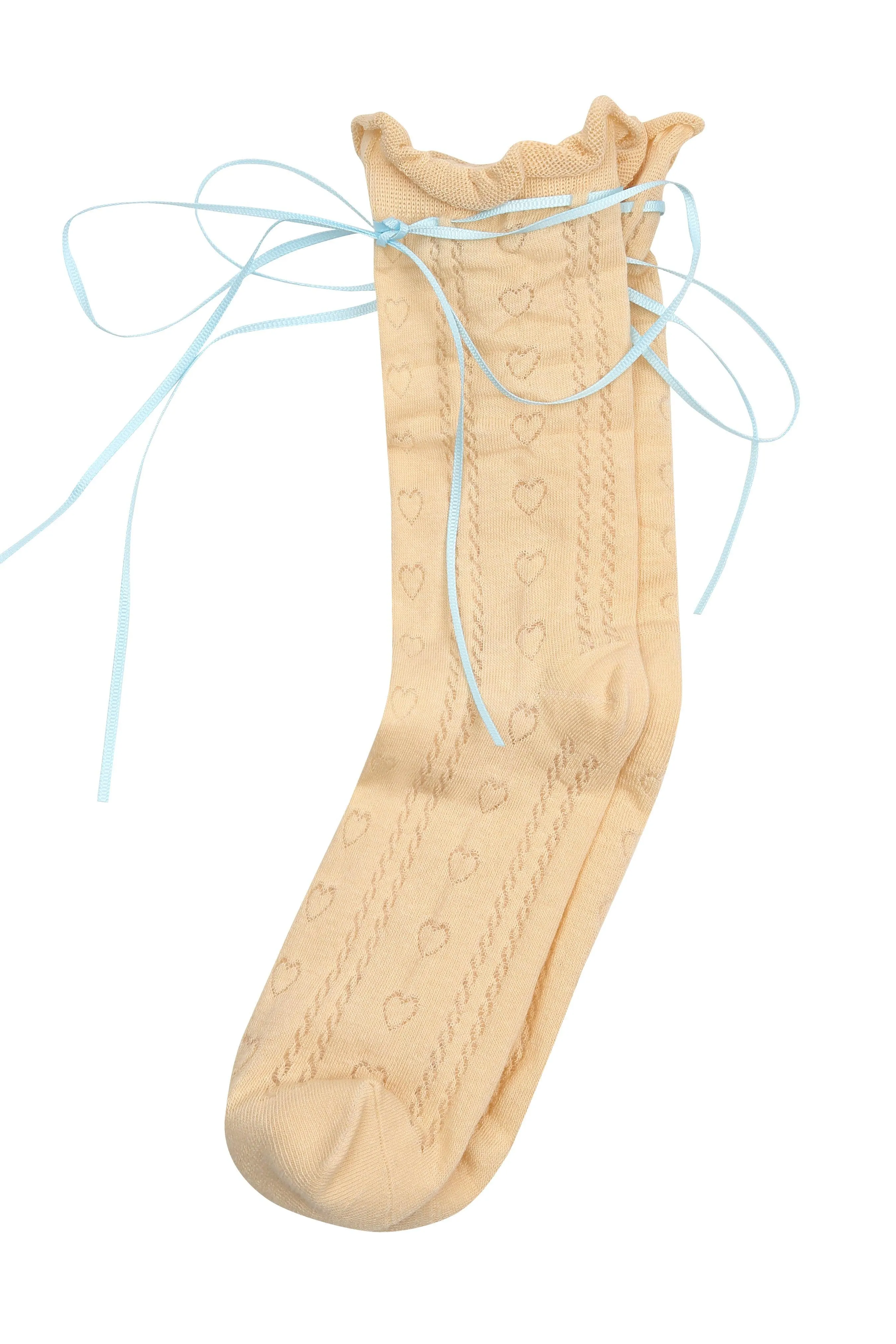 Yellow Heart Pattern Blue Tie Ballet Stretch Socks
